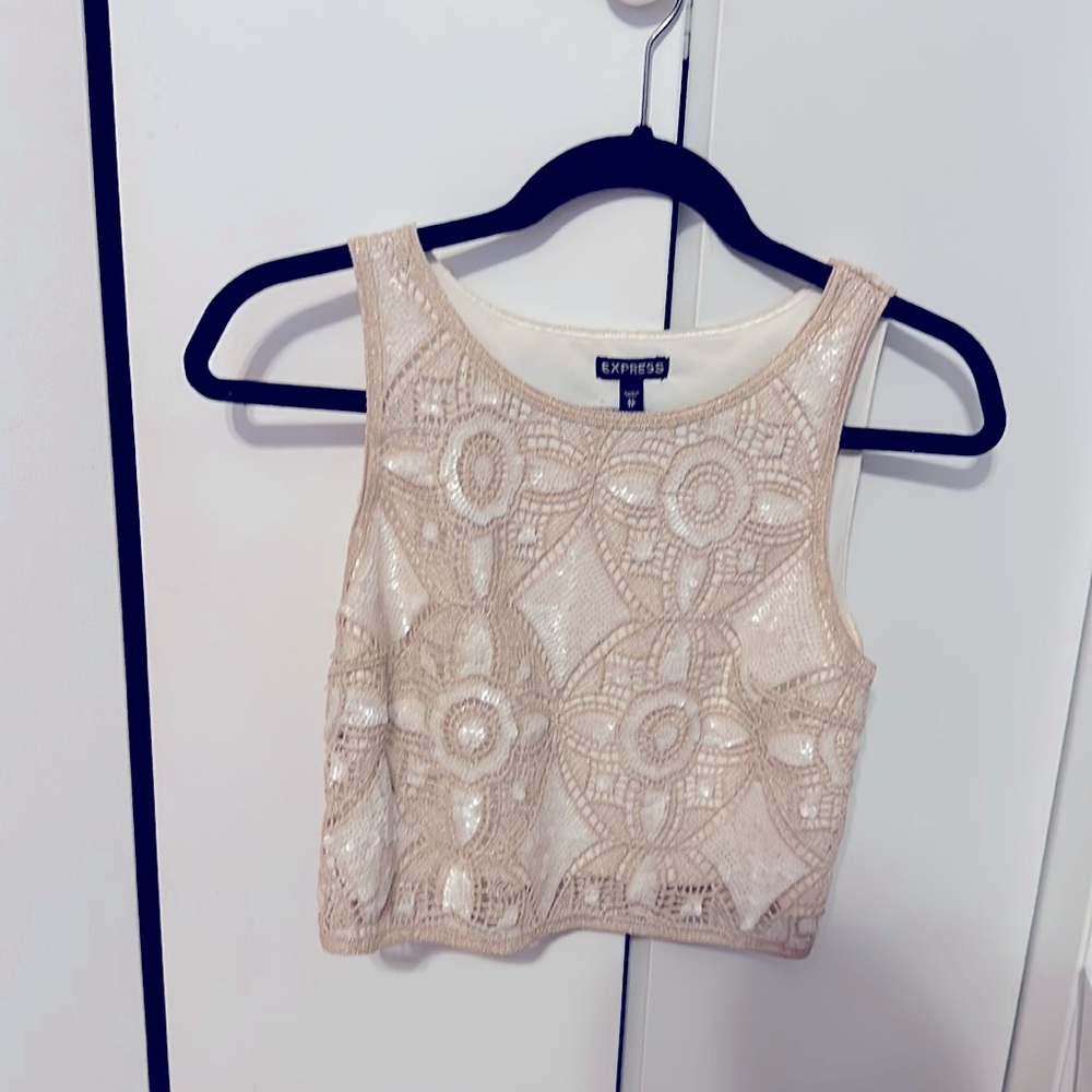 White & Beige Beaded Top